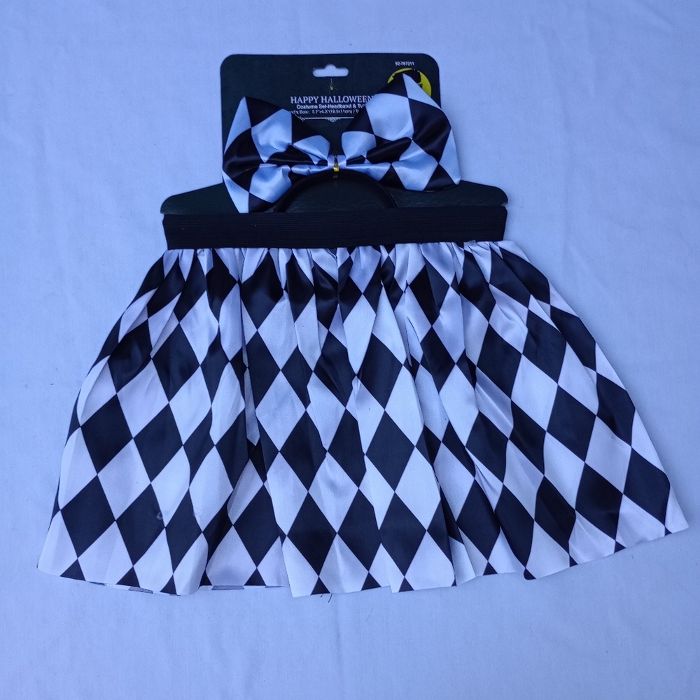 NWT Amscan Halloween Harlequin Jester Costume Skirt & Bow Headband Set One Size